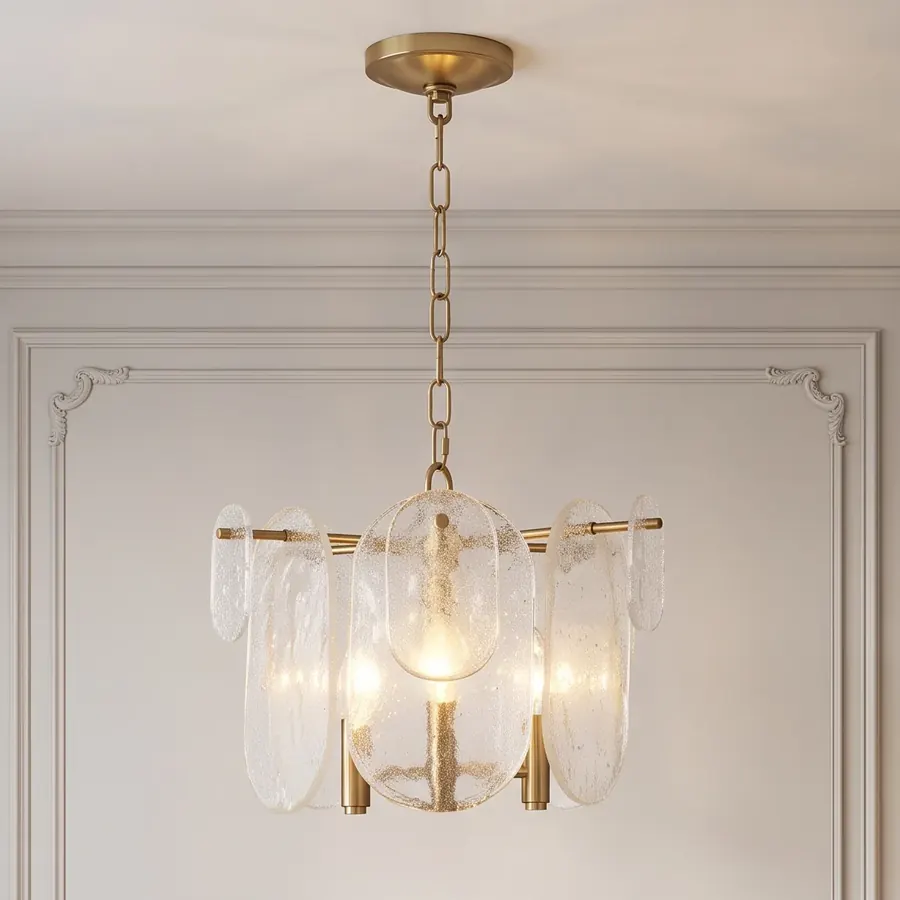 Modern Brass and Hanging Glass Disc Chandelier