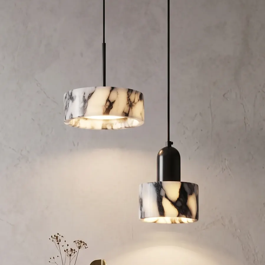 Modern Minimalist Black and White Veined Marble Pendant Light Collection