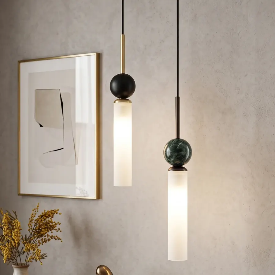 Modern Minimalist Cylindrical Glass and Marble Sphere Pendant Light