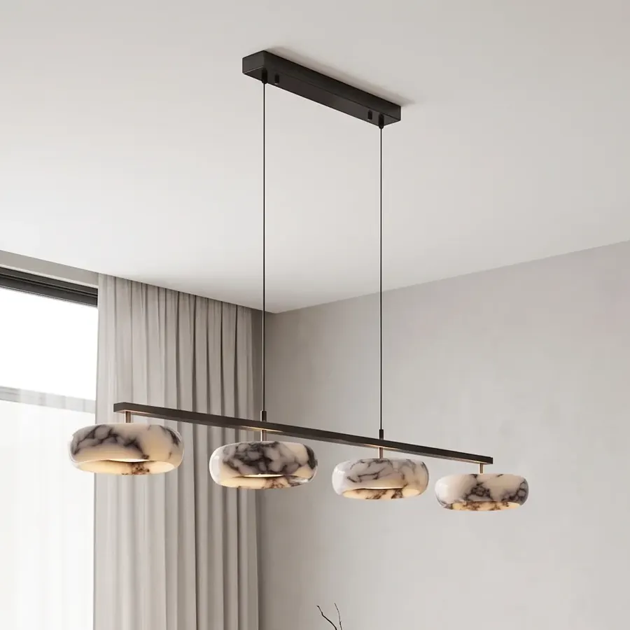 Modern Minimalist Marble Donut Linear Chandelier (Black and White Veined)