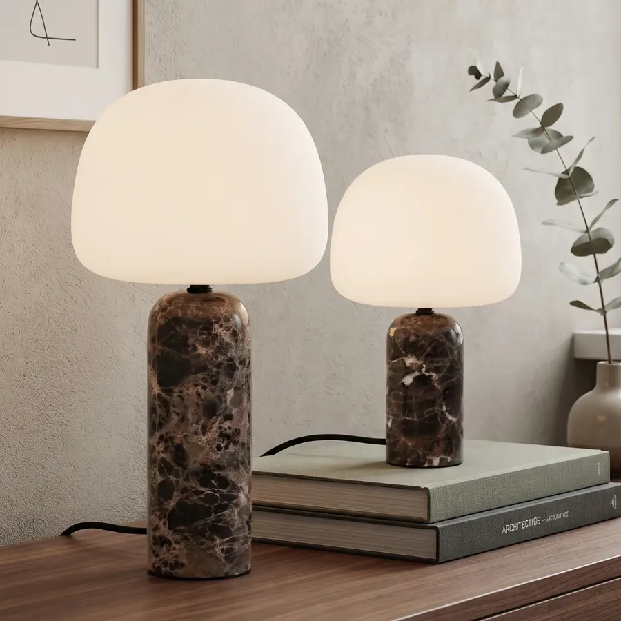 Modern Minimalist White Glass and Brown Marble Mushroom Table Lamp Collection